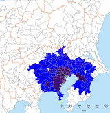 File:Tokyo-Kanto definitions, Tokyo UEA.png Map of the Tokyo Urban Employment Area, one of the various definitions of Tokyo/Kanto. The definition is from Japanese Wikipedia.