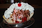 A traditional banana split, as served at Cabot's Ice Cream and Restaurant in Newtonville, Massachusetts