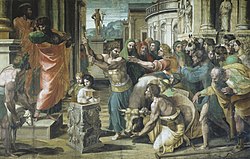 Renaissance painting depicting the sacrifice at Lystra. In an ancient Greek townscape, a cow is brought before a small altar, and held by a kneeling man with her head down while another raises an axe to kill her. A group of people look with worshipful gestures towards two men who stand on the steps behind the altar. One of the men turns aside and rends his clothes, while the other speaks to the people. A crutch lies abandoned in the foreground and a statue of Hermes is at the end of the square.