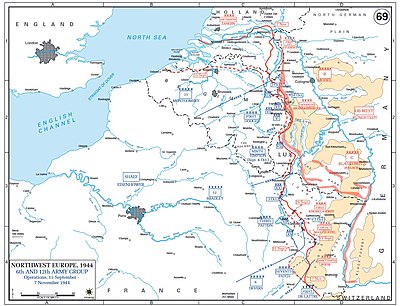 The map shows that little ground was gained by the 12th Army Group in this period.