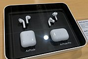 AirPods have dominated the wireless headphone market in the early 2020s. Pictured are the base and "Pro" model of AirPods respectively. AirPods allow users to be several feet away from their device via Bluetooth, a technology not seen in wired earbuds of previous decades.
