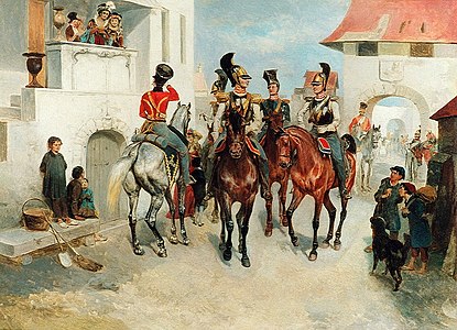 This painting by Bogdan Willewalde depicts the meeting of officers of the Russian Guards cavalry with the residents of one of the European cities in 1813–1814. It depicts (left - right) officer of the Life Guards Hussar Regiment, chief- and staff officers of the Life Guards Horse Regiment, chief-officers of the Life Guards Uhlan and Chevalier Guard Regiments. In the background can be seen the lower ranks of the Life Guards Hussar and one of the Army Cuirassier Regiments.