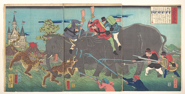 Big Elephants Being Attacked, by Isshinsai Yoshikata, 2nd month, 1863[1]
