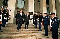 Secretary of Defense Donald Rumsfeld with President George W. Bush, following President Bush's visit to The Pentagon to address military and Department of Defense personnel and sign the Defense Appropriations Bill, January 10, 2002