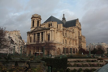 The unfinished west façade of the Church of Saint-Eustache, Paris, with its single bell tower (1754–78)