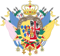 Großes Wappen der Könige von Etrurien 1801–1807 mit Insignien der Orden von St. Stephan, vom Heiligen Geist, Konstantinsorden, Goldenem Vlies, Januariusorden und Karls III.