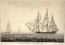Depiction of HMS Triumph from the port side with all her sails set