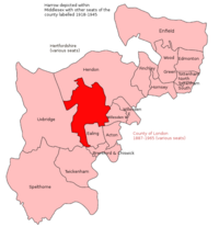 Semi-rural UK House of Commons seat Harrow, or the Harrow Division of Middlesex created in 1885 before substantially reduced in 1918.