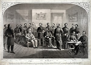 Old American Civil War painting of generals assembled to surrender