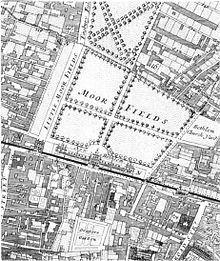 Detail from London Map by William Morgan (1682), showing siting of new Bethlem Hospital (1676) built in Moorfields, North London