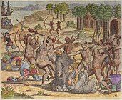 The Natives of Cumaná attack the mission after Gonzalo de Ocampo's slaving raid. Colored copperplate by Theodor de Bry, published in the "Relación brevissima de la destruccion de las Indias".