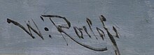 Mit Pinsel in schwarzer Farbe gemalter Schriftzug "W: Roelofs" auf blaugrauem Grund