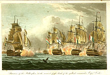 Coloured print of a naval battle between sailing ships. Four ships seen stern on in the right of the picture, obscured by clouds of smoke, a fifth ship seen bow on in the left