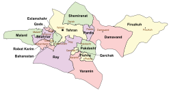 Location of Baharestan County in Tehran province (center left, yellow)