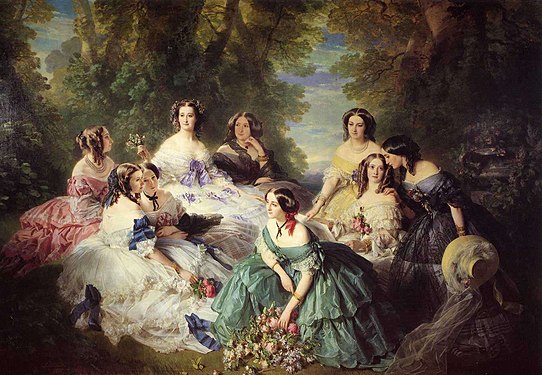 The Empress Eugénie in 1855 (center, in white gown with lavender ribbons), surrounded by her ladies-in-waiting, painted by her favourite artist, Franz Xaver Winterhalter.