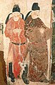 Men wearing round collar gown with boots, belt, trousers; Mural painting from the Tomb of Wang Chuzhi, Five dynasties and Ten kingdoms period.