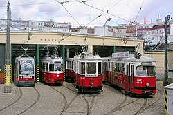 Four generations of Wiener Linien trams at Breitensee Depot