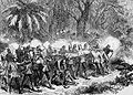 Dritter Anglo- Aschantischer Krieg (1873-1874): Das 42. Infanterie-Regiment der schottischen „Highlander“ im Gefecht mit den Aschantis; Illustration in den „London News“, 1874