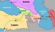 Four oil pipelines fan out from Sangachal Terminal on the Caspian Sea coast to the south-west of Baku, with one heading north into Russia while the other three avoid Armenia by running through Georgia, with one terminating on the Georgian Black Sea coast, one terminating in Turkey, and the other terminating on the Turkish Mediterranean coast.