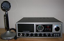 Black-and-gray 1980s-era base station, with tall round desk microphone