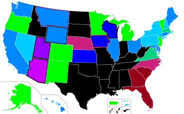 A state map of the United States color-coded for abortion access. A number of U.S. states in the center and especially south of the country have banned abortion apart from certain medical exceptions. In contrast, abortion is available on demand without a mandated time limit in Alaska, Colorado, Minnesota, New Jersey, New Mexico, Oregon, Vermont, and Washington, D. C. Because the situation is changing rapidly, please see the article text for details.