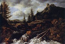 painting of waterfall with dead trees and a castle in the distance