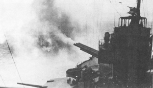 The USS Pennsylvania bombards Attu during landing operations of 11 May 1943