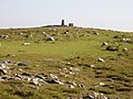 Top of Snaefell with geodetic marker and nearby cairn with plaque