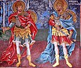 Theodore of Amasea (on the left) and Theodore Stratelates (on the right) - a fresco from Rila Monastery, Bulgaria (19th century?)