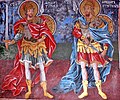 SS Theodore of Amasea (left) and Theodore of Heraclea (right) in a fresco at Rila Monastery, Bulgaria (c. 19th cent.)