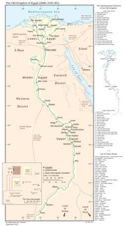 During the Old Kingdom of Egypt (circa 2700 BC – circa 2200 BC), Egypt consisted of the Nile River region south to Abu (also known as Elephantine), as well as Sinai and the oases in the western desert, with Egyptian control/rule over Nubia reaching to the area south of the third cataract.[1]