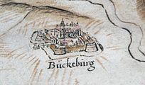 Drawing of Bückeburg along the Weser in 1520 during the Hildesheim Diocesan Feud, Drawing by Johannes Krabbe