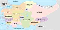 An anachronistic map of the Anatolian beyliks in around 1330