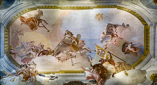 Wedding couple in chariot on the ceiling of the Salon of the Allegory, by Giambattista Tiepolo (1758)