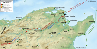A map of northern Tunisia and north-east Algeria showing the route of Scipio's army