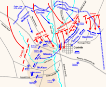 Map of the Second Battle of Corinth, showing the Confederate penetration of the exterior Union lines and the repulse of Confederate attacks against the inner Union lines