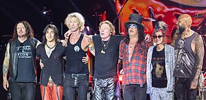 Guns N' Roses at Glastonbury Festival 2023. From left to right: Dizzy Reed, Richard Fortus, Duff McKagan, Axl Rose, Slash, Melissa Reese and Frank Ferrer