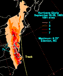 A black map of the United States East Coast and the northwestern Atlantic Ocean, with white outlines. Superimposed over this map is a yellow line which represents the track of Hurricane Gloria. Color shading represents rainfall from the hurricane; darker colors indicate higher rainfall totals, an axis of which can be seen from eastern North Carolina extending north-northeastward into far eastern Pennsylvania near the border with New York.