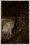 Bewaffnung in einem Gewölbe, Blatt 4 aus dem Zyklus „Bauernkrieg“, 1906, Zweifarbige Radierung mit Strichätzung, Kaltnadel, Aquatinta und Vernis mou mit Durchdruck von Zieglerschem Umdruckpapier, Kn 96