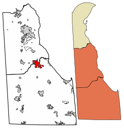 Location of Milford in Kent County and Sussex County, Delaware.