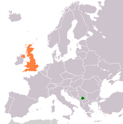 Map indicating locations of Kosovo and United Kingdom