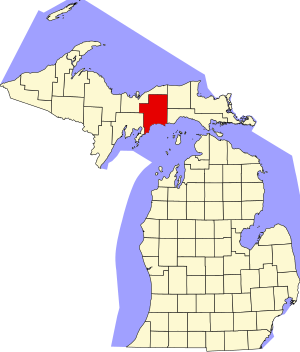Map of Michigan highlighting Schoolcraft County