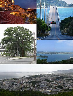 Top left:A resort place in Busena marine park, Top right:Koriya Bridge, between Yagagi and Koriya Island, Middle left:A Hinpun Gajumara tree in Higashie area, Middle right:View of Yagagi Island, from Arashiyama observation deck, Bottom:Panorama View of downtown Nago, from Nago Central Park