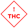 A symbol of a thin red outlined square diamond with an exclamation point inside and the letters "THC" underneath