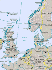 Map of the North Sea, bounded in the west by Great Britain, the east by Scandinavia, and the south by mainland Europe. The sea opens into the Atlantic Ocean in the north, and is connected by a narrow water passage in the east to the Baltic Sea.