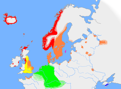 This is the approximate extent of Old Norse and related languages in the early 10th century. The red area is the distribution of the dialect Old West Norse; the orange area is the spread of the dialect Old East Norse. The pink area is Old Gutnish and the green area is the extent of the other Germanic languages with which Old Norse still retained some mutual intelligibility.