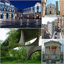 Left: A view of Mario Pagano Square, Stabile Theater, Potenza Province Office, Musmeci Bridge, Right: Potenza San Gerardo Cathedral, Reale Palace, San Gerardo Temple (from top to bottom)
