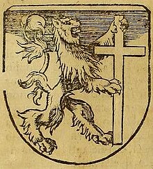Engraving of a lion rampant holding a cross in its paws.