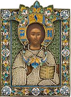 A miniature Russian icon of Christ Pantocrator, richly decorated with pearls and enamel, c. 1899–1908
