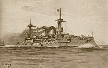 An illustration of a large warship steaming at high speed and creating a large bow wave